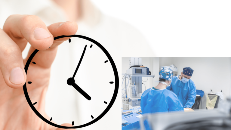 Surgeon performing surgery with a clock in the background, representing the duration of a hip replacement procedure.